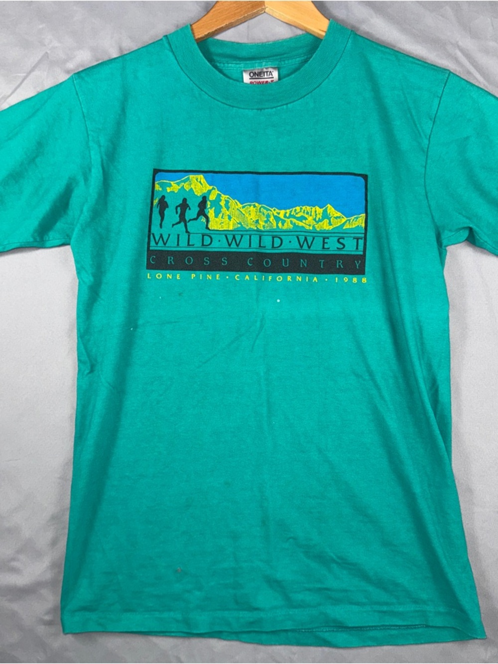 Vintage Oneita Wild Wild West Cross Country Shirt Mens Medium Green 1988 Tee USA